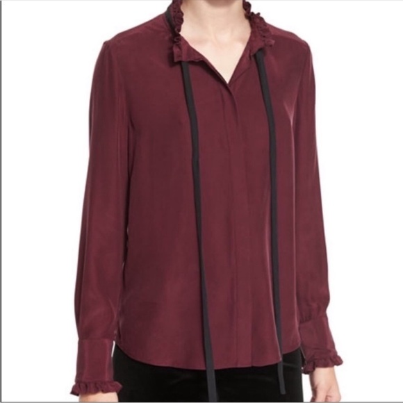 Frame Ruffle Neck Contrast Tie Silk Blouse XS burgundy Edwardian renaissance red - Picture 1 of 14
